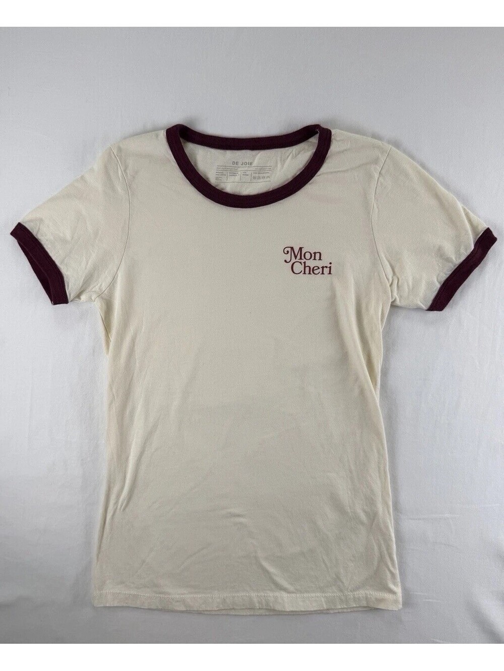 DE JOIE “Mon Cheri” Women’s Ringer T-Shirt Cream/Burgundy 100% Cotton